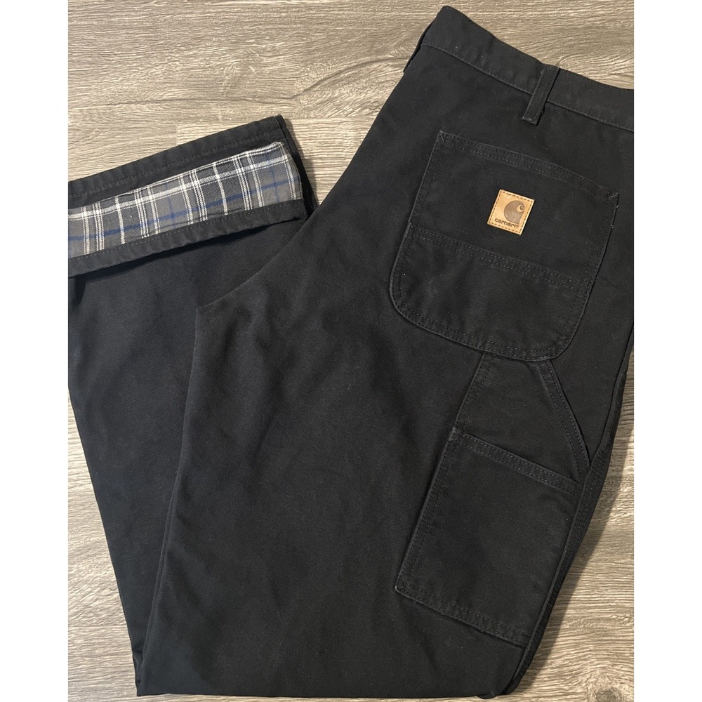 Carhartt B111 Black Flannel Lined Loose Fit Canvas Carpenter Work Pants Sz 36x32